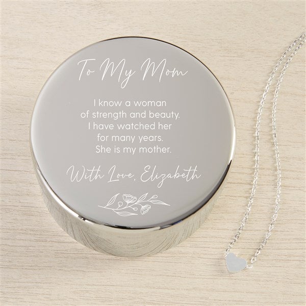 Floral Message To Mom Personalized Round Jewelry Box with Heart Necklace  - 48303