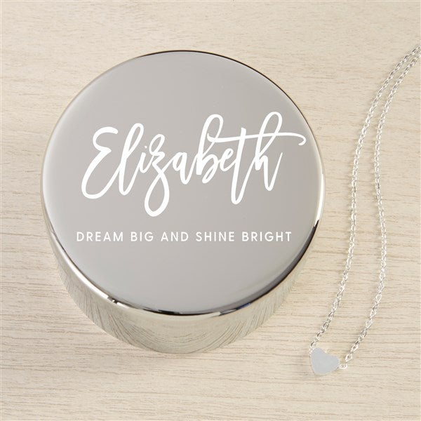 Scripty Name Personalized Round Jewelry Box Gift Set with Heart Necklace  - 48307