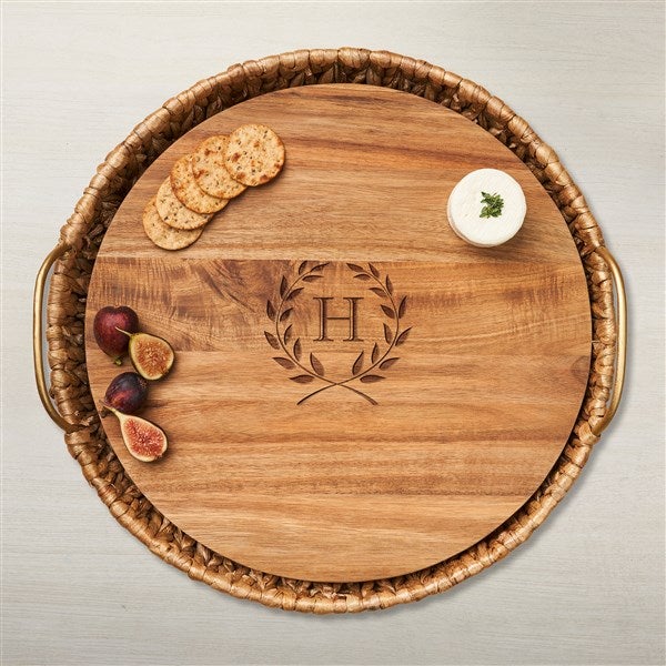 Water Hyacinth Round Serving Tray With Personalized Acacia Board  - 48588D