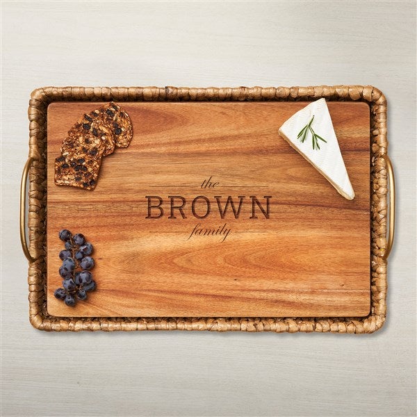 Water Hyacinth Rectangle Tray With Personalized Acacia Board  - 48593D