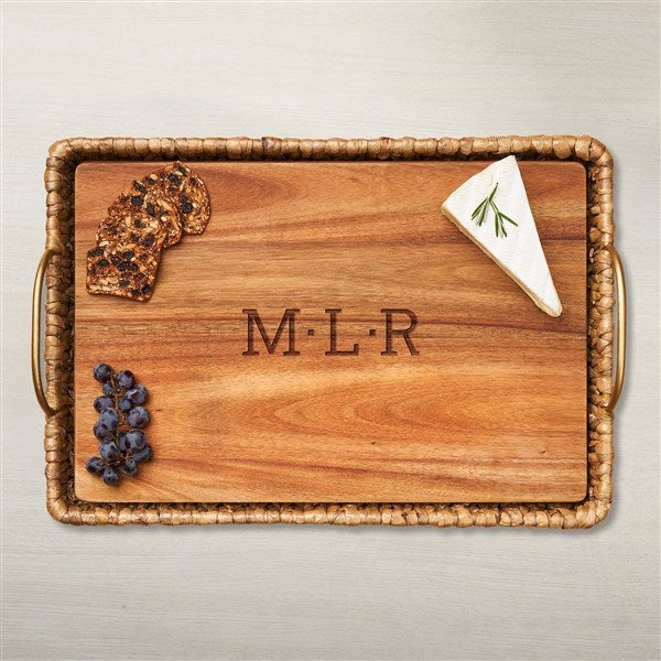 Water Hyacinth Rectangle Tray With Personalized Acacia Board  - 48593D