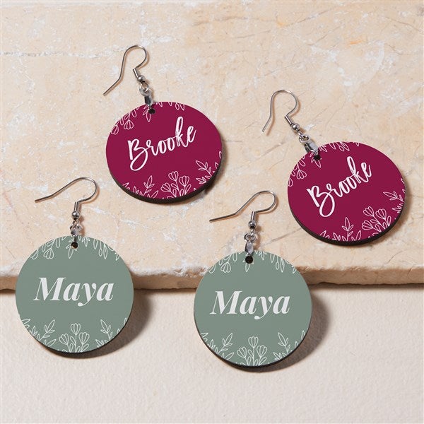 Floral Name Personalized Round Dangle Earrings  - 48652