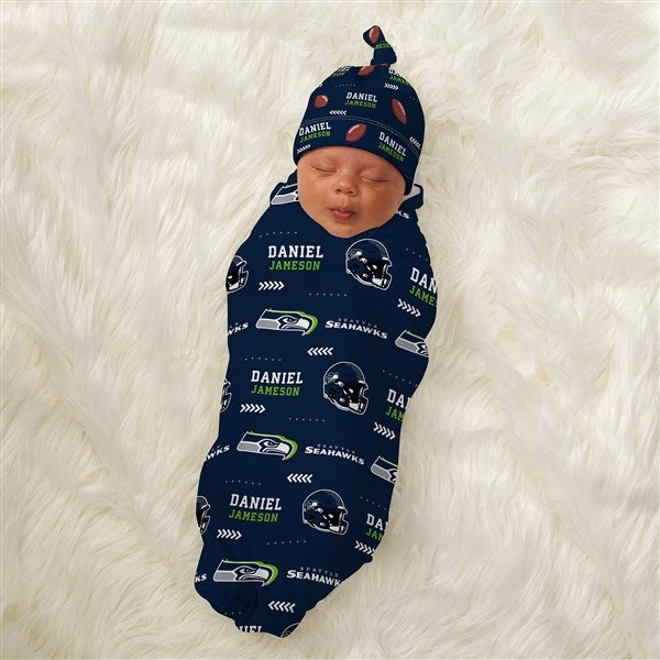 Seattle Seahawks Personalized NFL Baby Hat Receiving Blanket Set