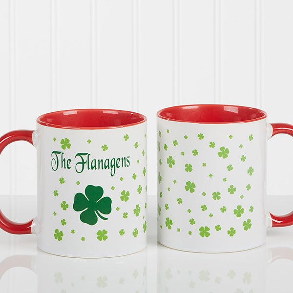 Personalized Irish Coffee Mugs Shamrock Red Handle