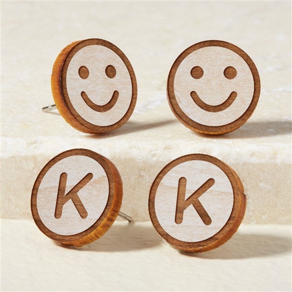 Smiley Face Personalized Wood Stud Earrings  - 49893