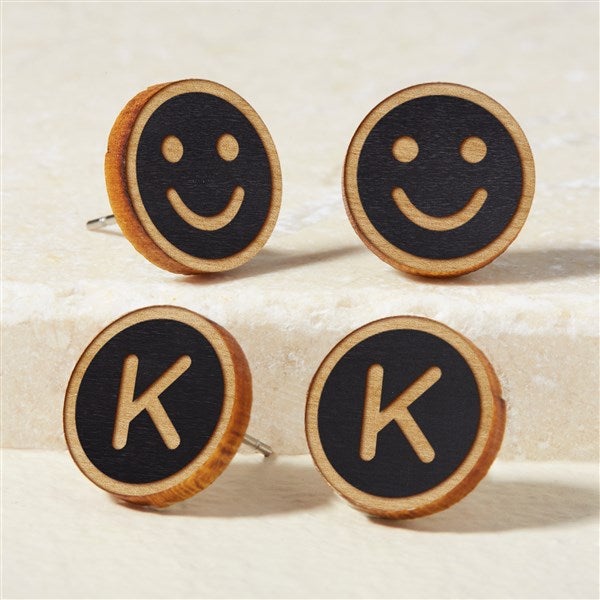 Smiley Face Personalized Wood Stud Earrings  - 49893
