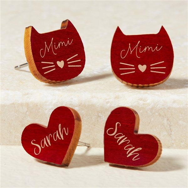 Cat & Heart Personalized Wood Stud Earrings  - 49894