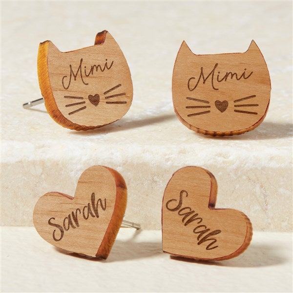 Cat & Heart Personalized Wood Stud Earrings  - 49894