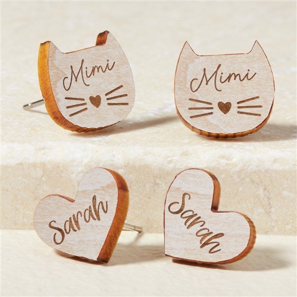 Cat & Heart Personalized Wood Stud Earrings  - 49894