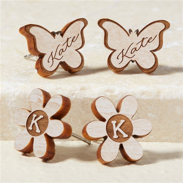Butterfly & Flower Personalized Wood Stud Earrings  - 49896