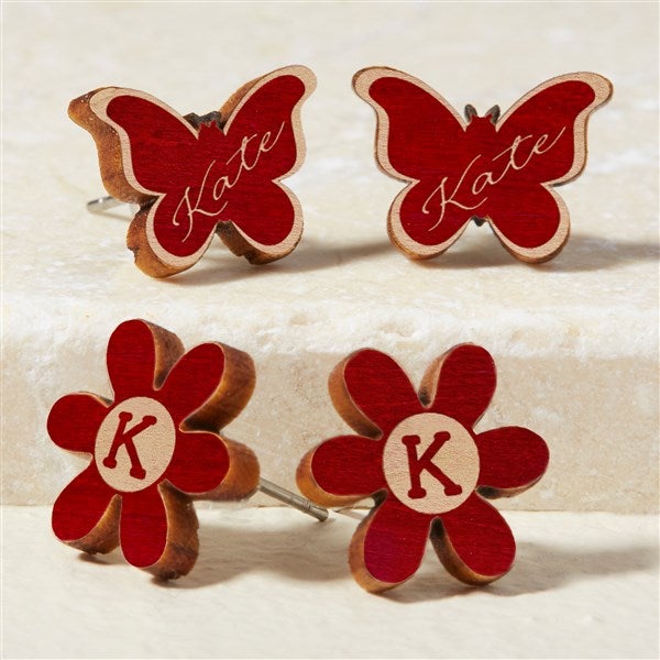 Butterfly & Flower Personalized Wood Stud Earrings  - 49896