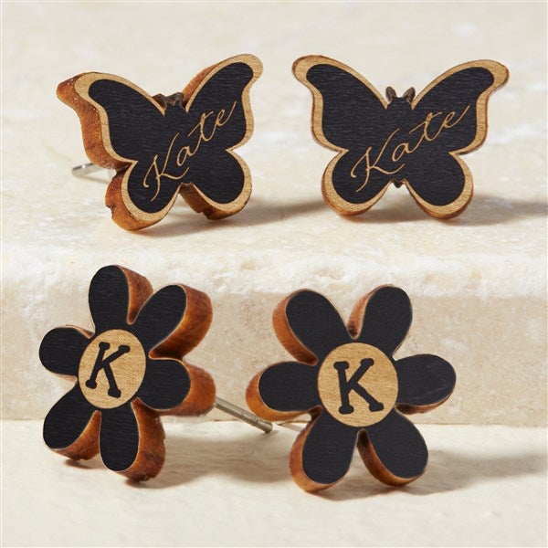 Butterfly & Flower Personalized Wood Stud Earrings  - 49896