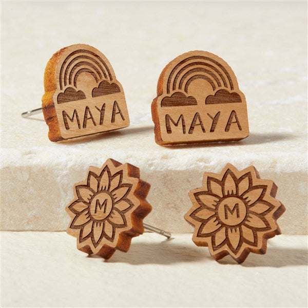 Flower & Rainbow Personalized Wood Stud Earrings  - 49899