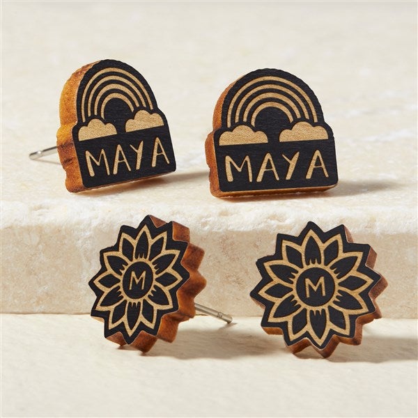 Flower & Rainbow Personalized Wood Stud Earrings  - 49899