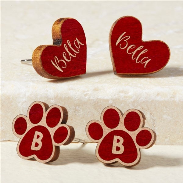 Heart & Dog Paw Personalized Wood Stud Earrings  - 49901