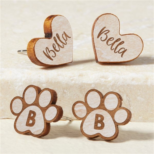 Heart & Dog Paw Personalized Wood Stud Earrings  - 49901