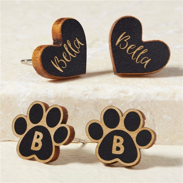 Heart & Dog Paw Personalized Wood Stud Earrings  - 49901