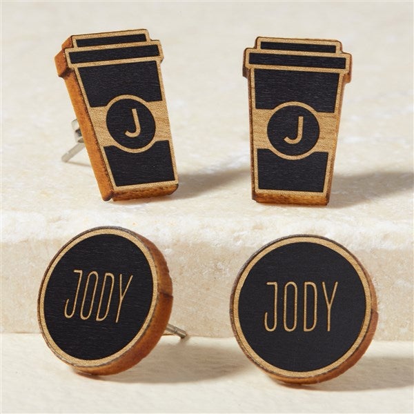Coffee Cup Personalized Wood Stud Earrings  - 49902