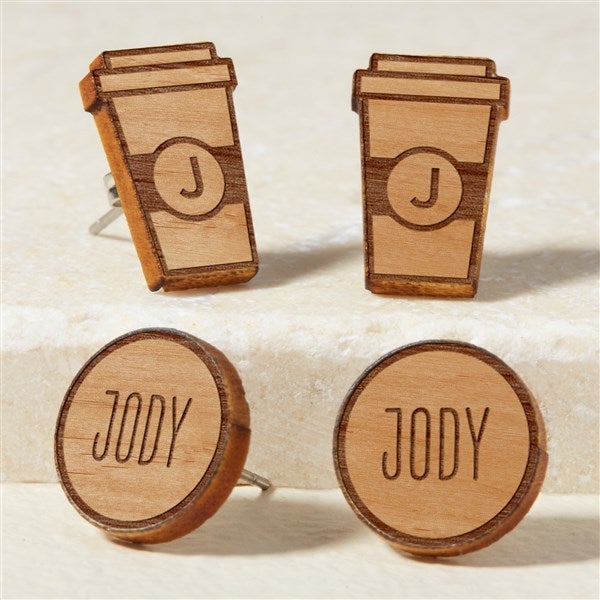 Coffee Cup Personalized Wood Stud Earrings  - 49902
