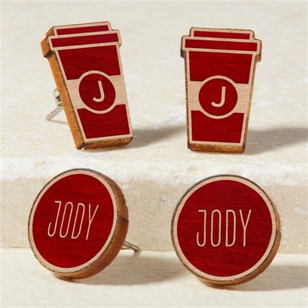 Coffee Cup Personalized Wood Stud Earrings  - 49902