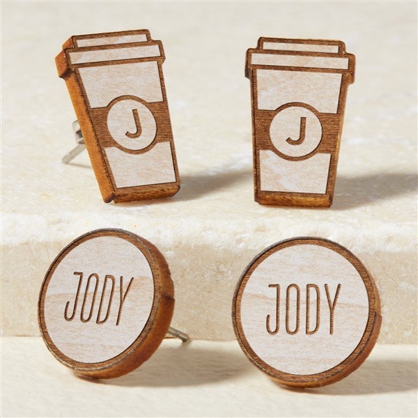 Coffee Cup Personalized Wood Stud Earrings  - 49902