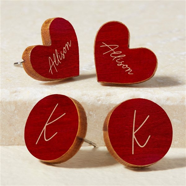 Heart & Circle Personalized Wood Stud Earrings  - 50722