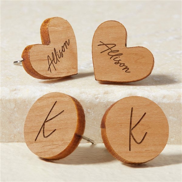 Heart & Circle Personalized Wood Stud Earrings  - 50722