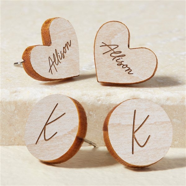 Heart & Circle Personalized Wood Stud Earrings  - 50722