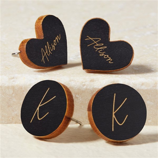Heart & Circle Personalized Wood Stud Earrings  - 50722