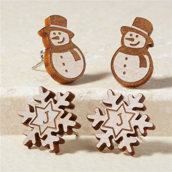 Snowman & Snowflake Personalized Wood Stud Earrings  - 50723