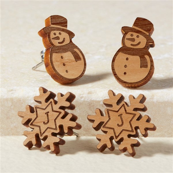 Snowman & Snowflake Personalized Wood Stud Earrings  - 50723