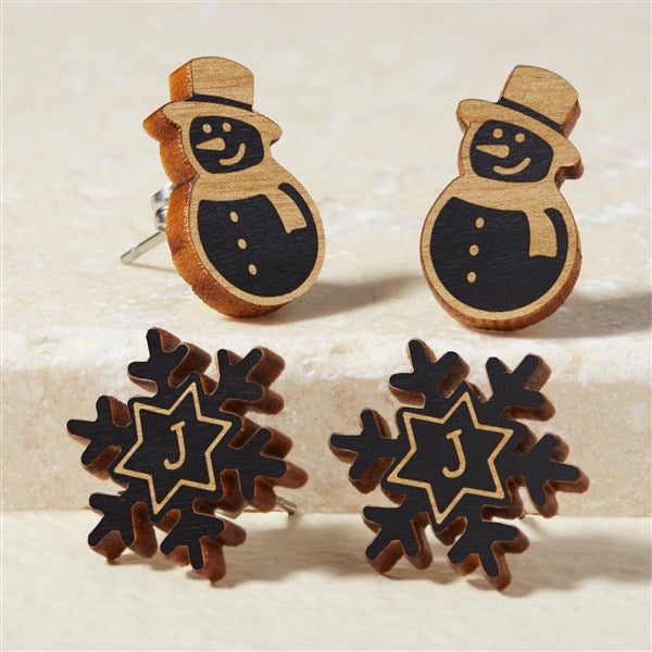 Snowman & Snowflake Personalized Wood Stud Earrings  - 50723