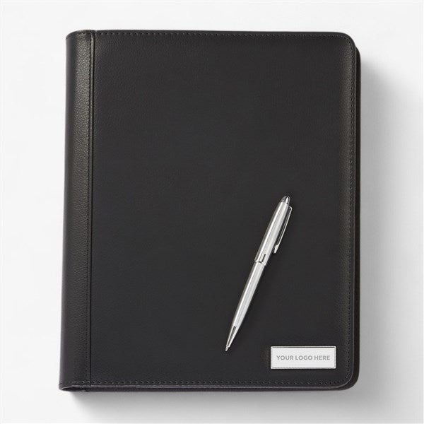 Engraved Logo Black Vegan Leather Padfolio and Pen Set - 51354