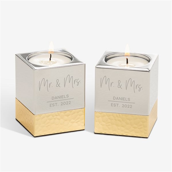 Modern Wedding Engraved Silver & Gold Hammered Metal Candle Holders - 52070