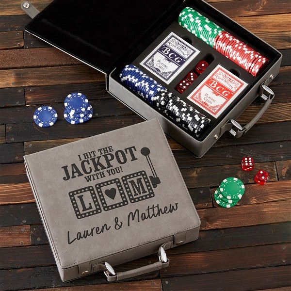 Hit the Jackpot Personalized Grey Leatherette Poker Chip Set  - 52960