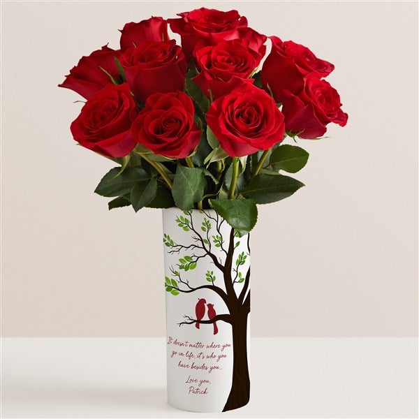 Love Birds Personalized Vase with Live Rose Bouquet  - 53051