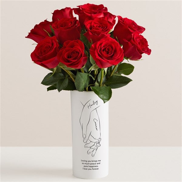 Hand In Hand Personalized Flower Vase with Red Rose Bouquet  - 53054