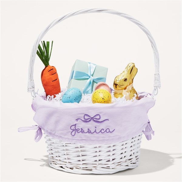 Darling Bow Embroidered White Easter Basket with Folding Handle - 54013