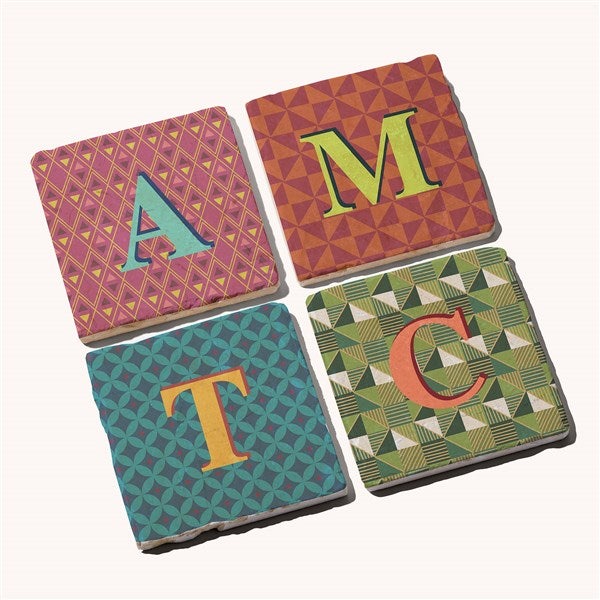 Geometric Monogram Personalized Tumbled Stone Coaster Set  - 54250