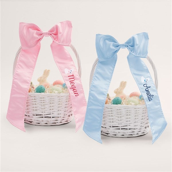 Bunny Name Pink Embroidered Bow With White Wicker Easter Basket