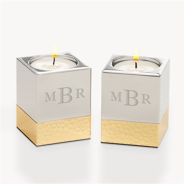 Monogram Engraved Silver & Gold Hammered Metal Candle Holders  - 54491