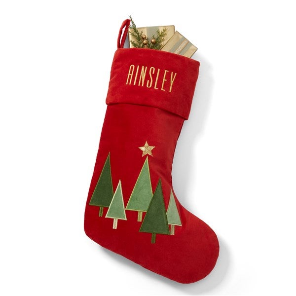 Embroidered Modern Tree Stocking in Red - 55878