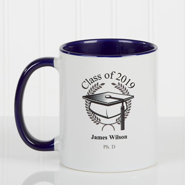Personalized Ceramic Coffee Mugs Graduation Cap Blue Handle