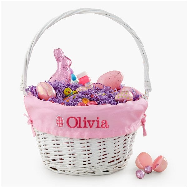 Checkered Egg Embroidered White Easter Basket with Folding Handle - 57187