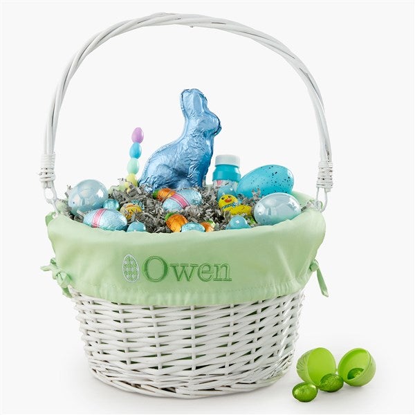 Checkered Egg Embroidered White Easter Basket with Folding Handle - 57187