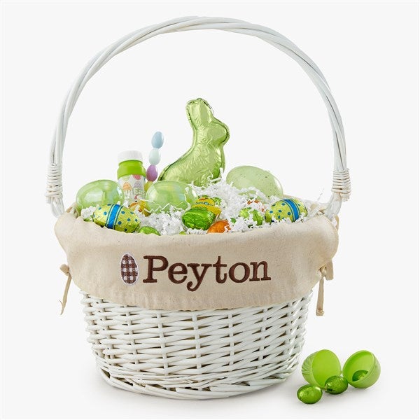Checkered Egg Embroidered White Easter Basket with Folding Handle - 57187