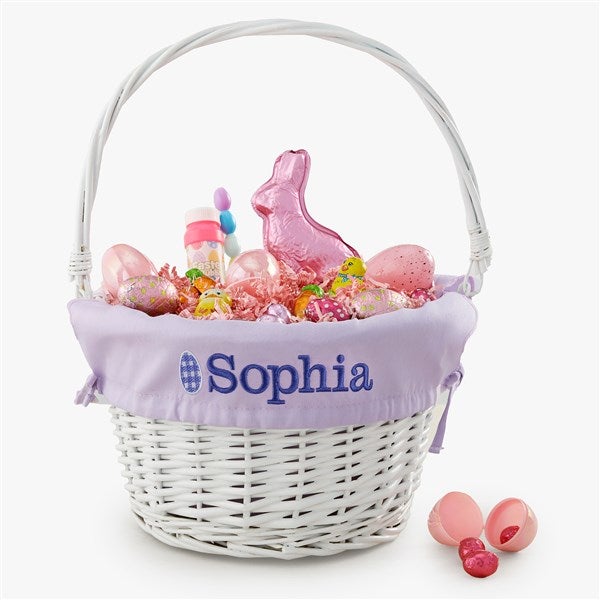 Checkered Egg Embroidered White Easter Basket with Folding Handle - 57187