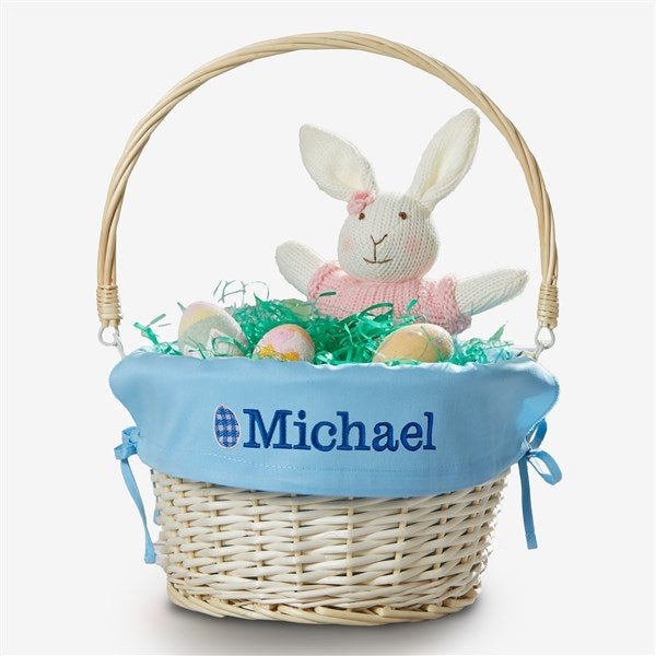Checkered Egg Embroidered Willow Easter Basket with Folding Handle - 57189