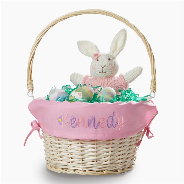 Floral Name Embroidered Willow Easter Basket with Folding Handle - 57526