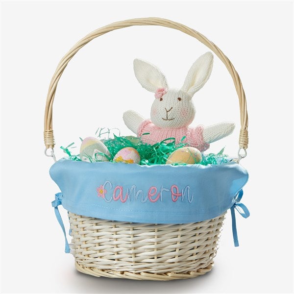 Floral Name Embroidered Willow Easter Basket with Folding Handle - 57526